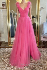 A Line V Neck Hot Pink Tulle Long Semi Formal Prom Dresses with Slit, Hot Pink Formal Graduation Evening Dresses